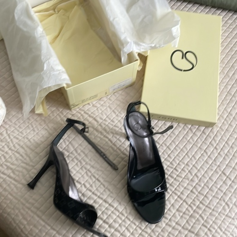 St. John patent leather Bridget peeptoe heels 5 ankle strap buckle black silver